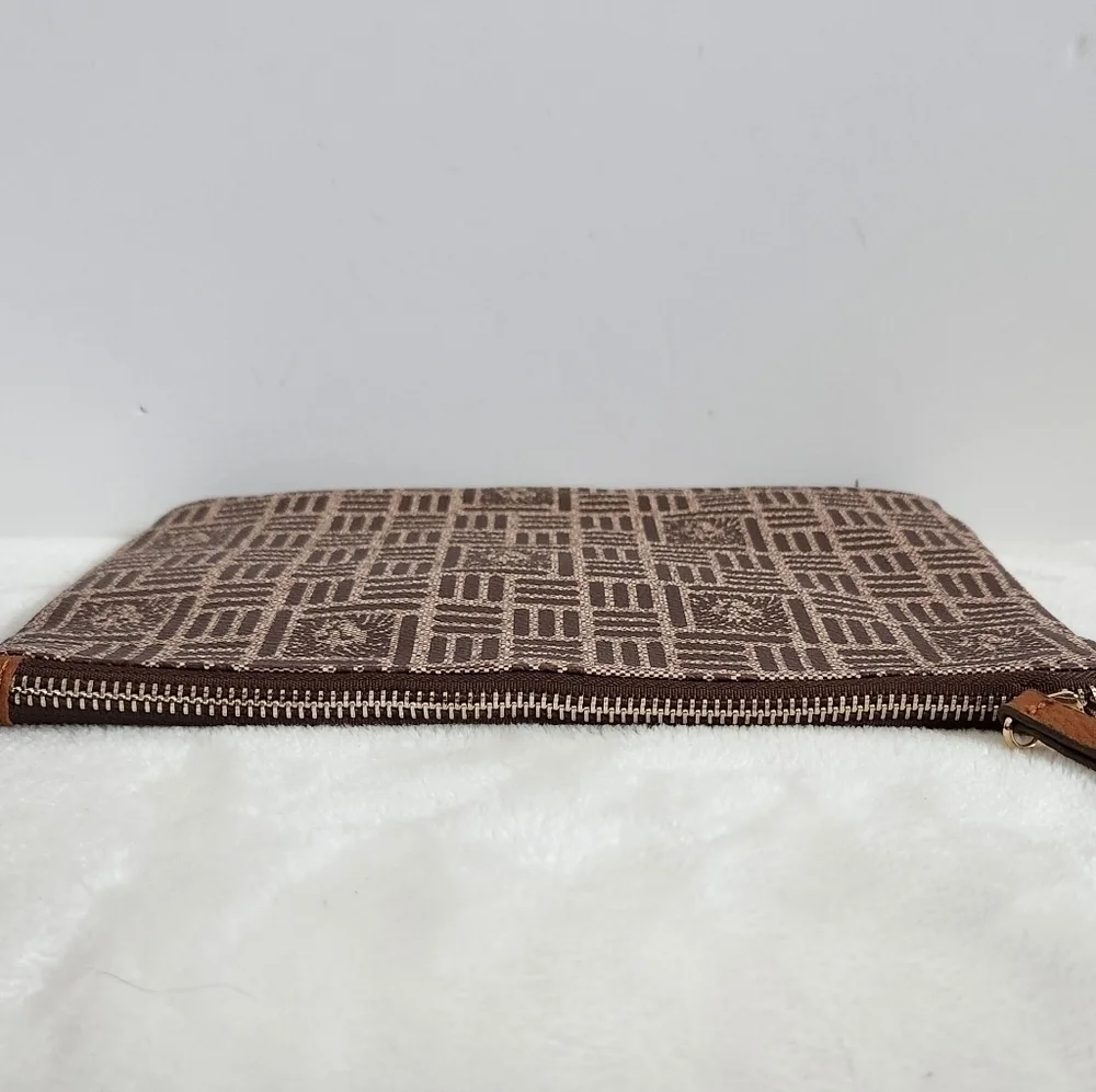 Anne Klein AK Brown Tan Tile Lion Logo Clutch Handbag Wristlet